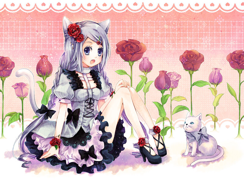 Silver-haired Girl with Cat Ears — Pink, Playful