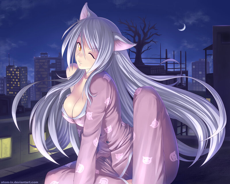 Silver-haired Girl with Cat Ears — Purple