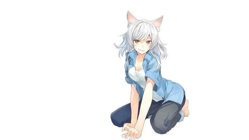 Silver-haired Girl with Cat Ears — White, Neutral
