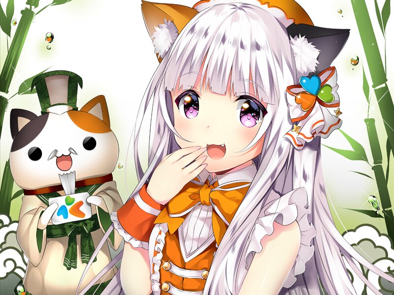 Silver-haired Girl with Cat Ears — White, Playful, Spring