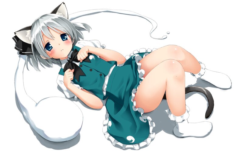 Silver-haired Girl with Cat Ears — White, Playful