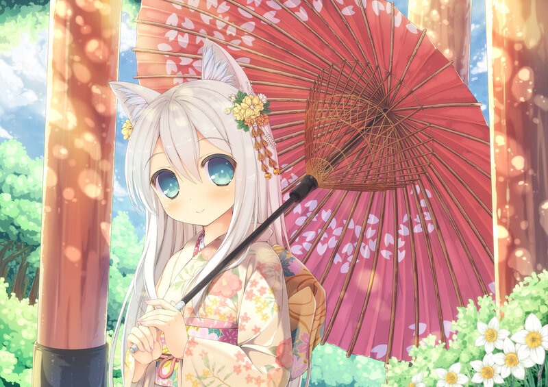 Silver-haired Girl with Cat Ears — White, Serene