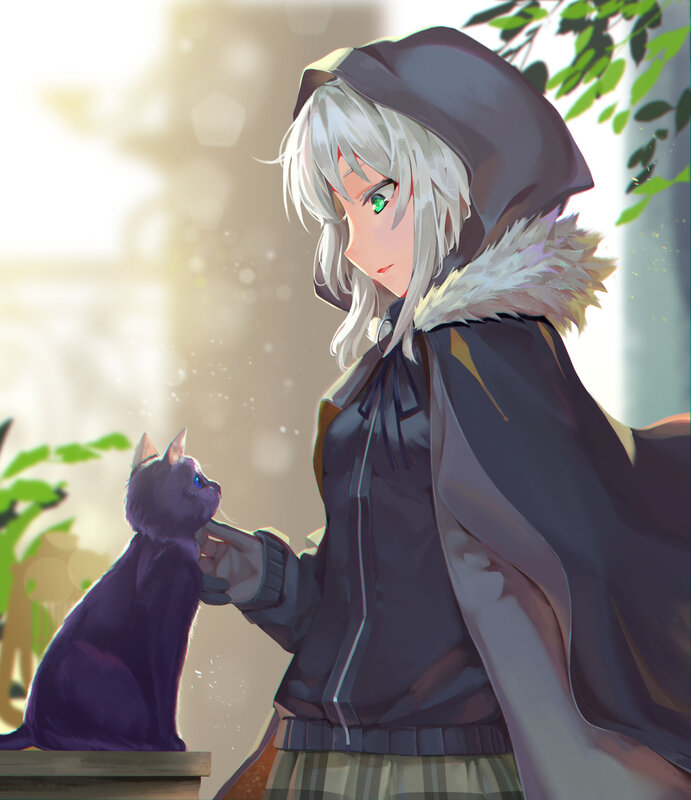 Silver-haired Girl with Cat — Gray, Serene