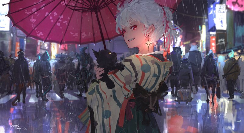 Silver-haired Girl with Cat — Pink, Dramatic