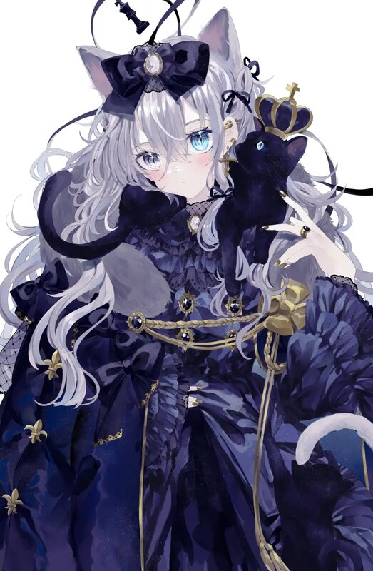 Silver-haired Girl with Cat — Purple, Dramatic