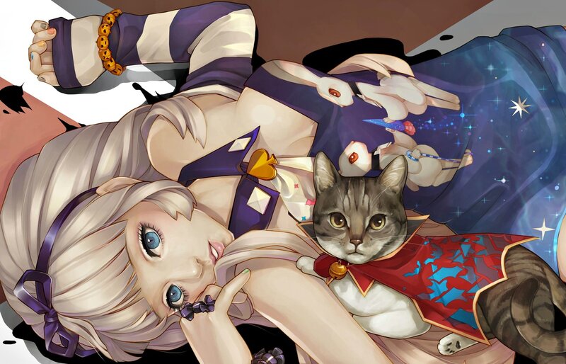 Silver-haired Girl with Cat — Purple