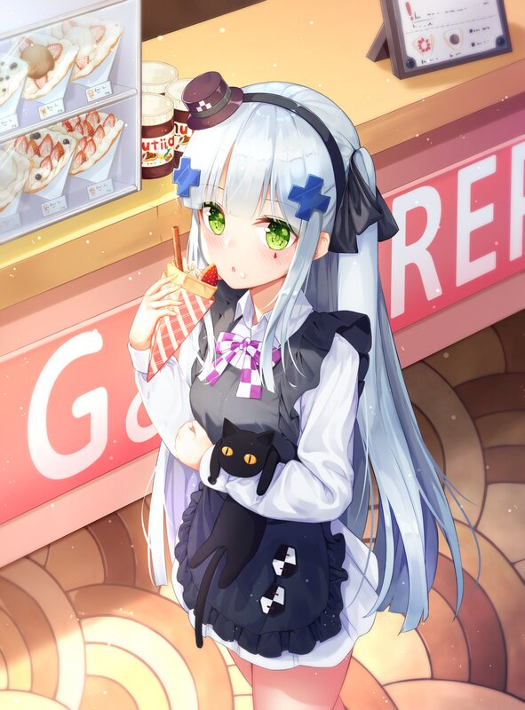 Silver-haired Girl with Cat — White, Calm, Afternoon