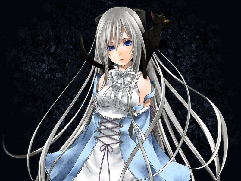 Silver-haired Girl with Cat — White, Dramatic