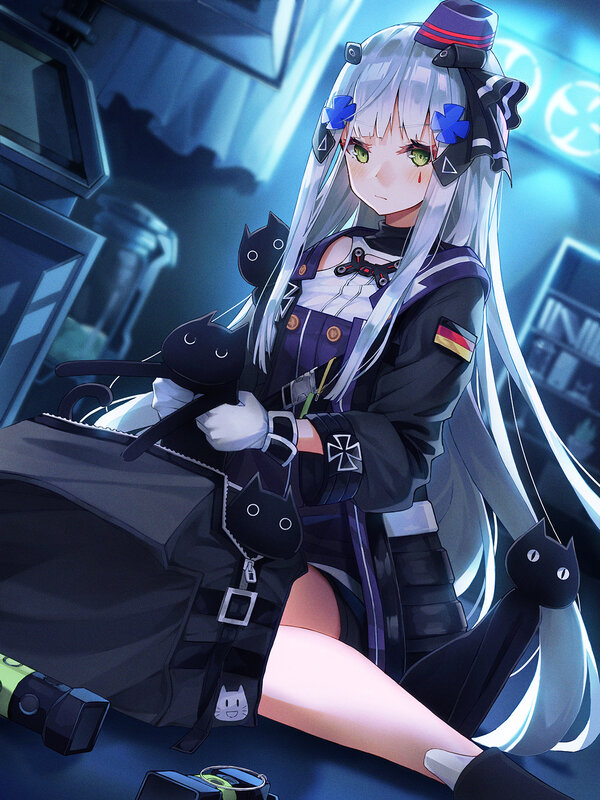 Silver-haired Girl with Cats — Blue