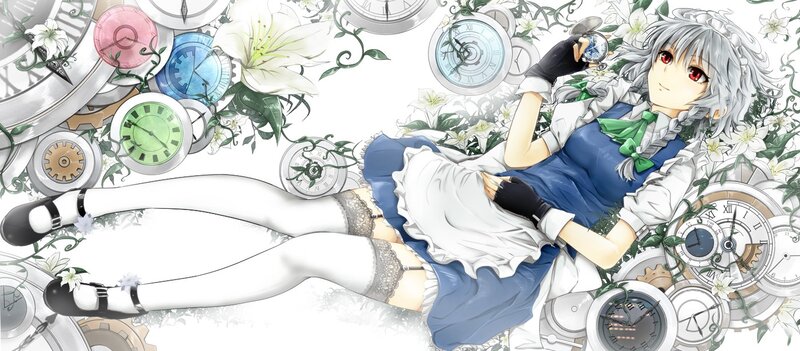 silver-haired girl with clocks
