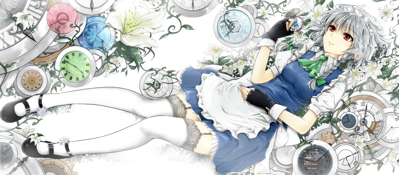 silver-haired girl with clocks