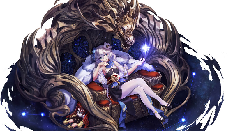 Silver-haired Girl with Dragon — White, Dramatic, Night