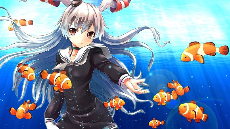 Silver-haired Girl with Fish — Blue, Serene, Anime