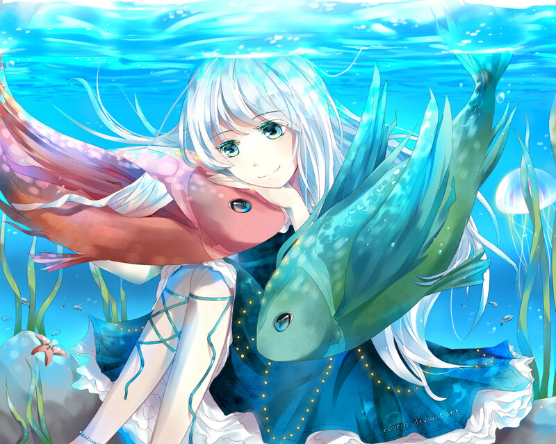Silver-haired Girl with Fish — Blue, Serene