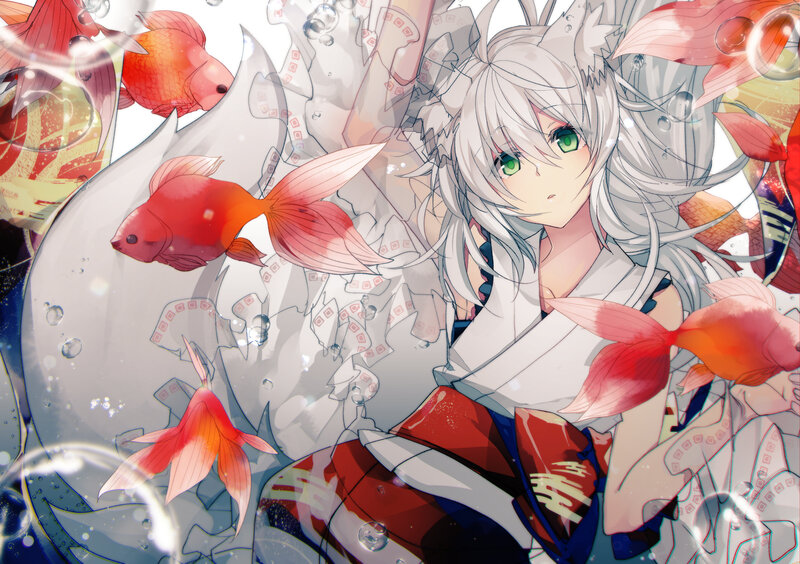 Silver-haired Girl with Fish — White