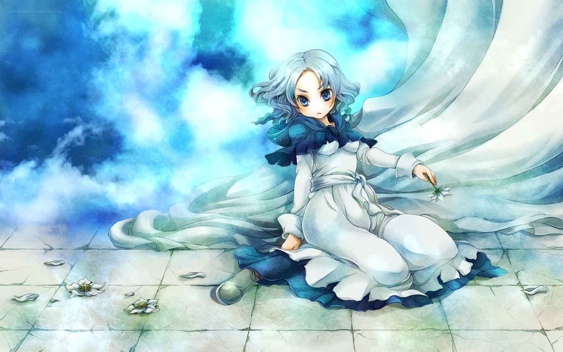 silver-haired girl with flower