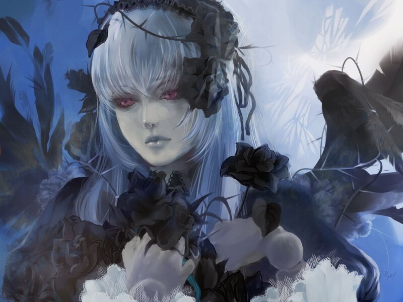 Silver-haired Girl with Flowers — Blue