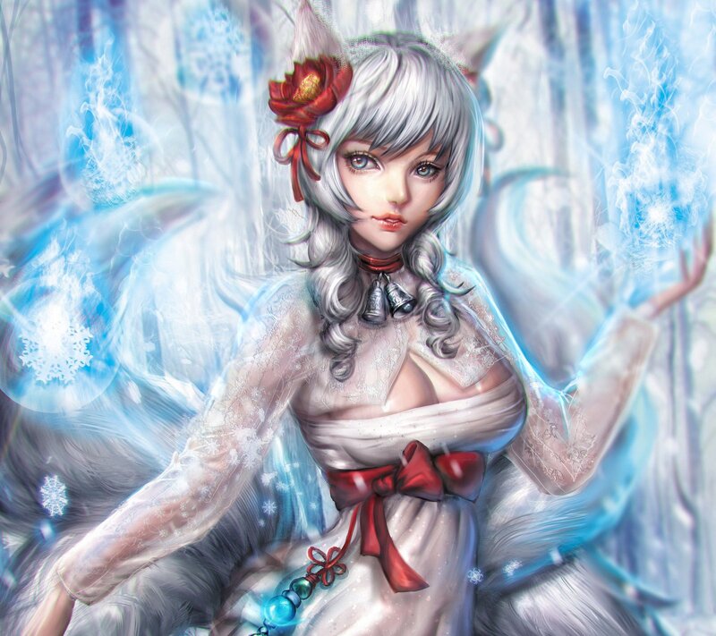 Silver-haired Girl with Fox Ears — White, Ethereal