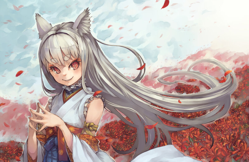 Silver-haired Girl with Fox Ears — White