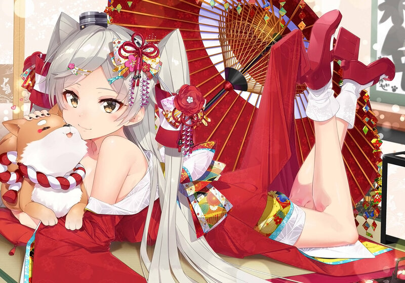 Silver-haired Girl with Fox — Red