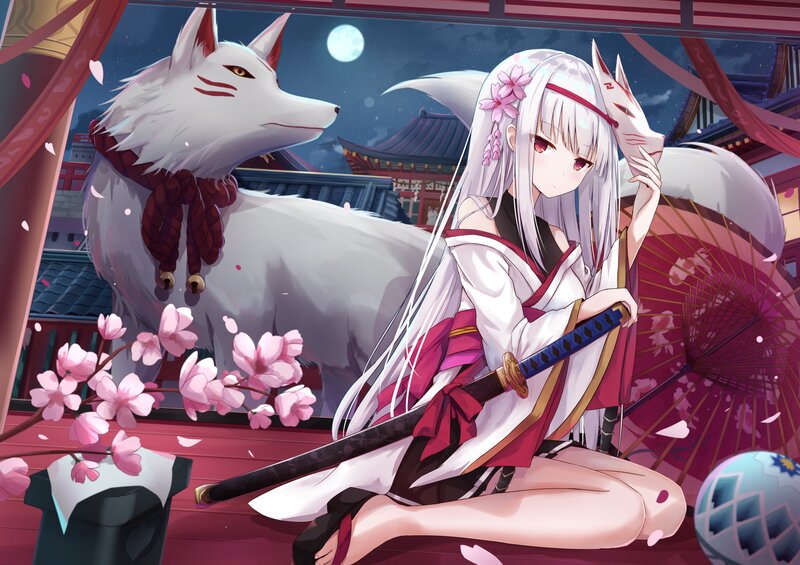 Silver-haired Girl with Fox — White, Serene