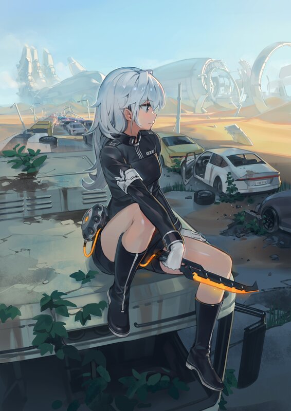 Silver-haired Girl with Gun — Gray