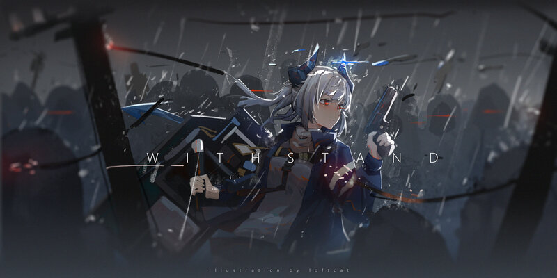 Silver-haired Girl with Guns — Gray, Dramatic