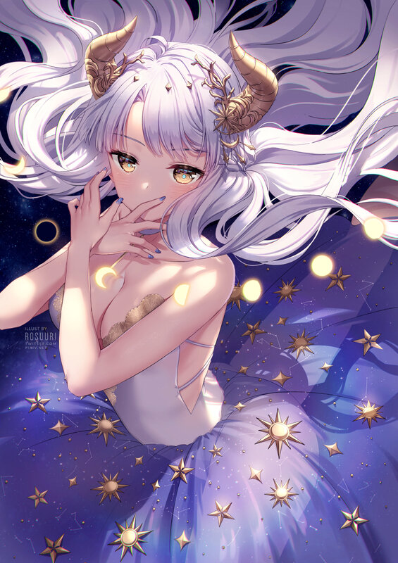 Silver-haired Girl with Horns — Purple, Serene
