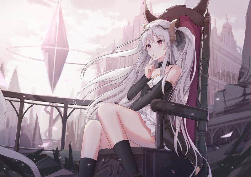 Silver-haired Girl with Horns — White, Dramatic
