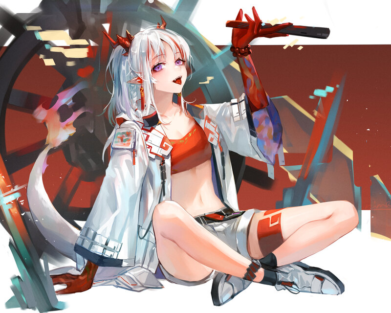Silver-haired Girl with Horns — White, Dynamic