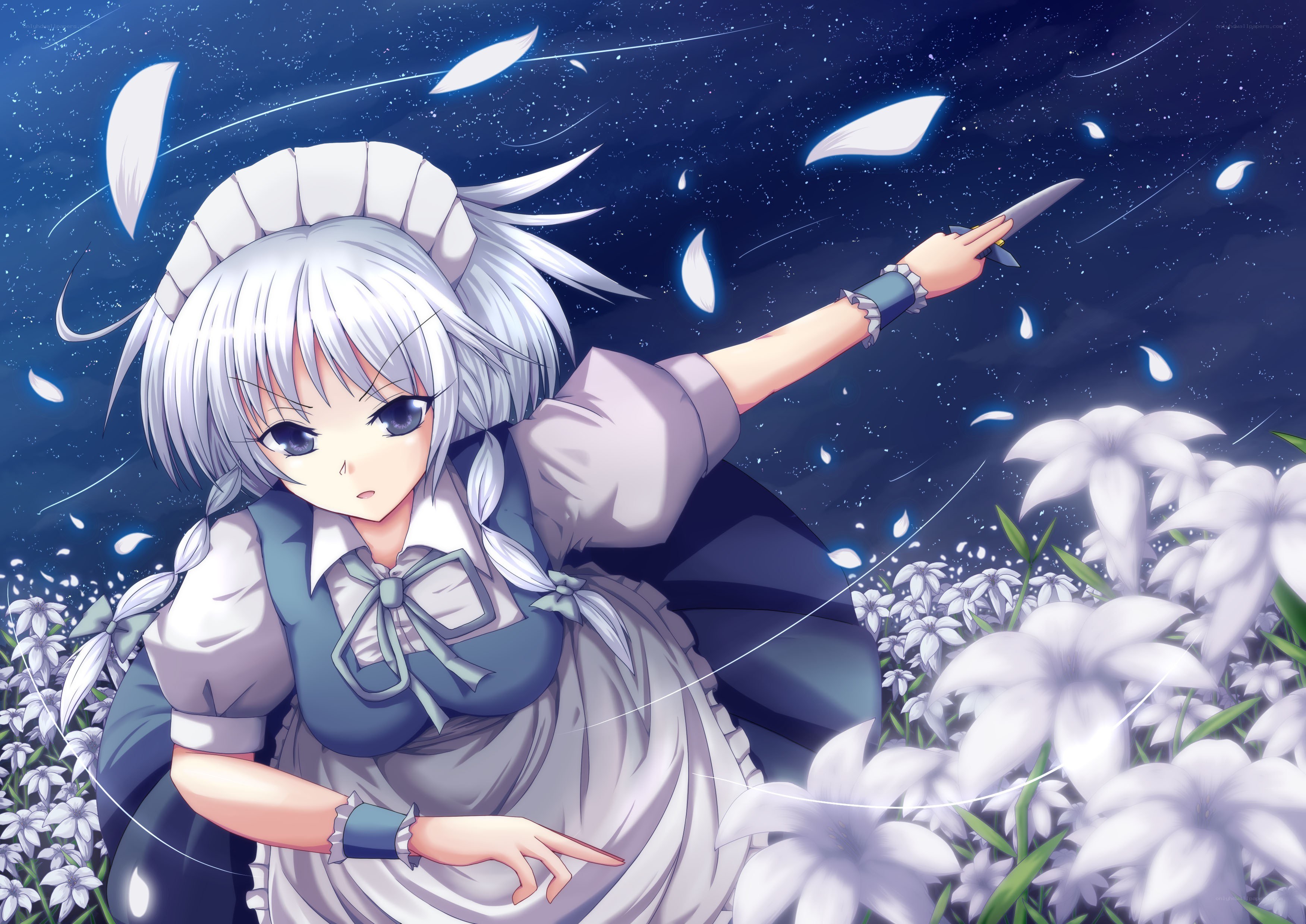 silver-haired girl with knife
