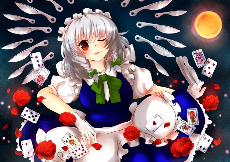 Silver-haired Girl with Knives — Blue, Dramatic, Night