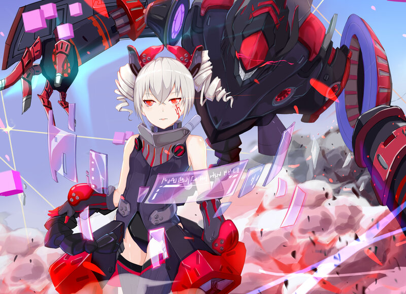 Silver-haired Girl with Mech — Red