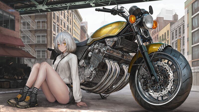Silver-haired Girl with Motorcycle