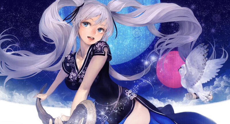 Silver-haired Girl with Owl — Blue, Serene