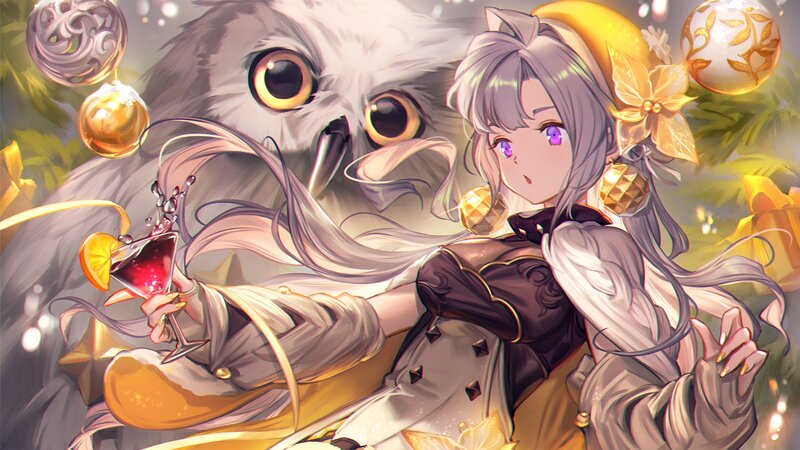 Silver-haired Girl with Owl — White, Festive