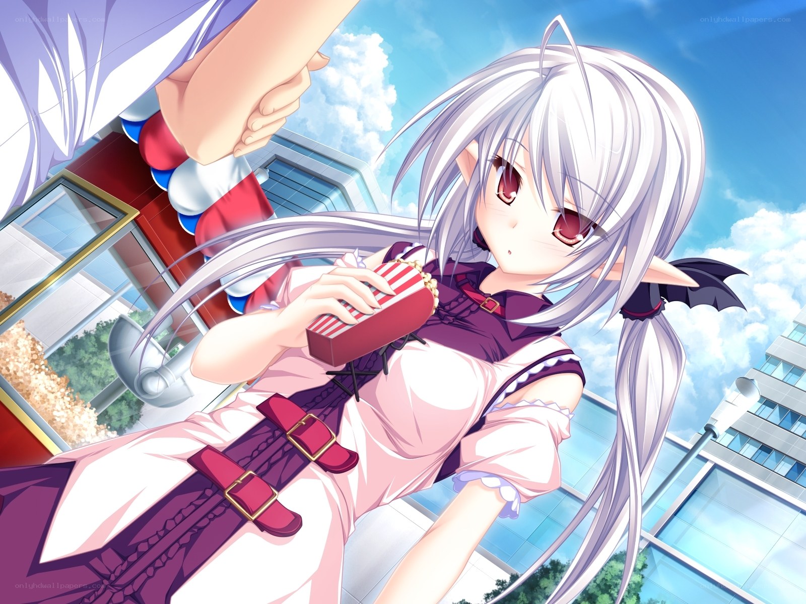 silver-haired girl with popcorn