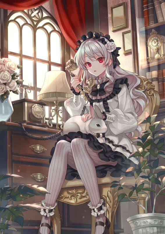 Silver-haired Girl with Rabbit — White