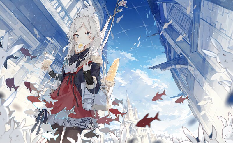 Silver-haired Girl with Rabbits — Blue