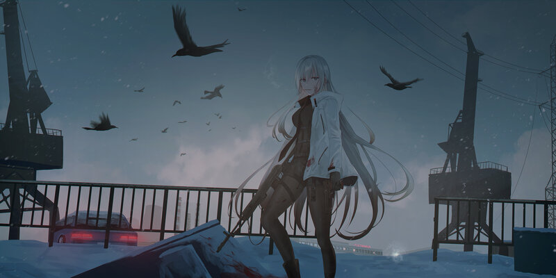 Silver-haired Girl with Rifle — Blue, Dramatic