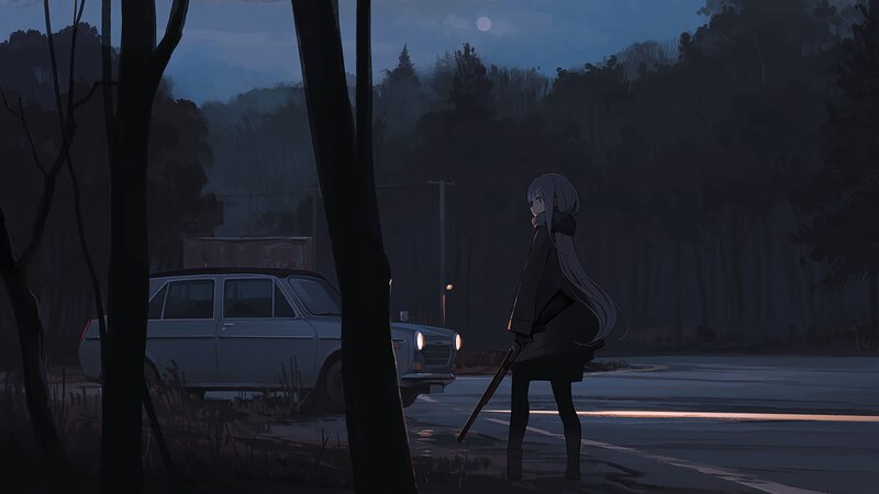 Silver-haired Girl with Rifle — Blue