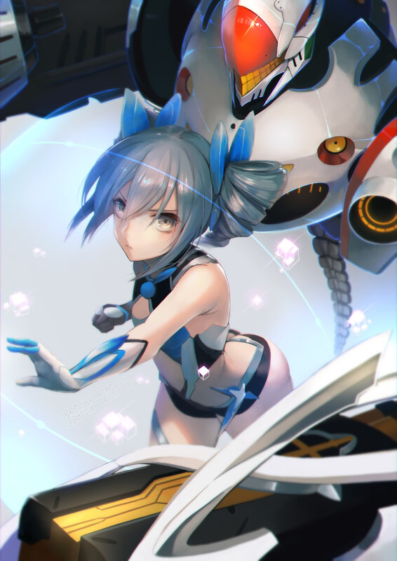 Silver-haired Girl with Robot — Blue, Dramatic