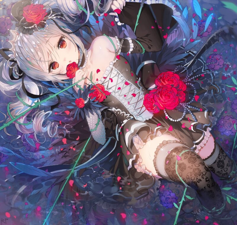 Silver-haired Girl with Roses — Blue, Dramatic