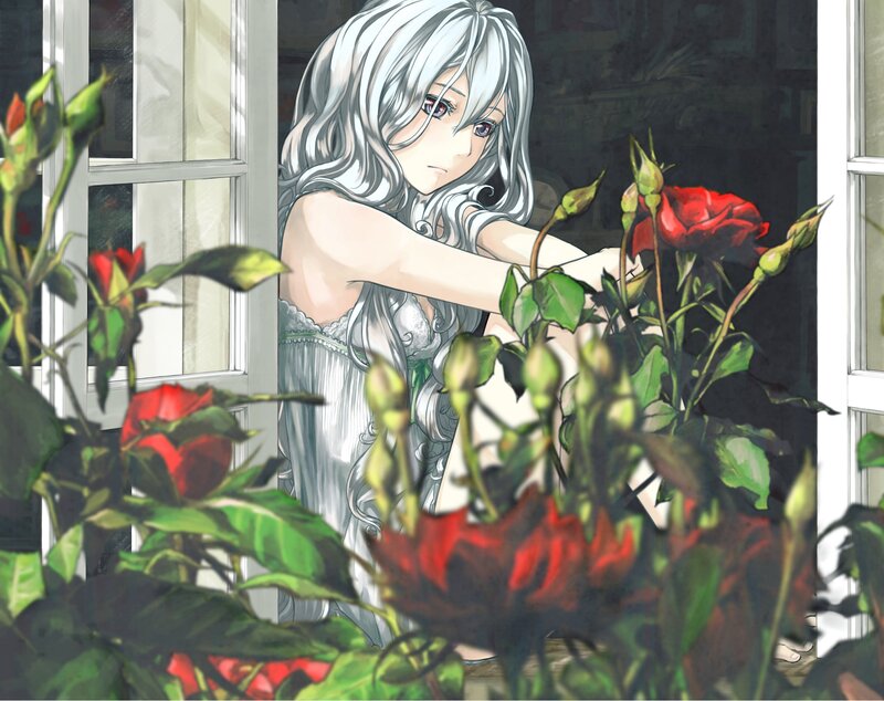 Silver-haired Girl with Roses — Red