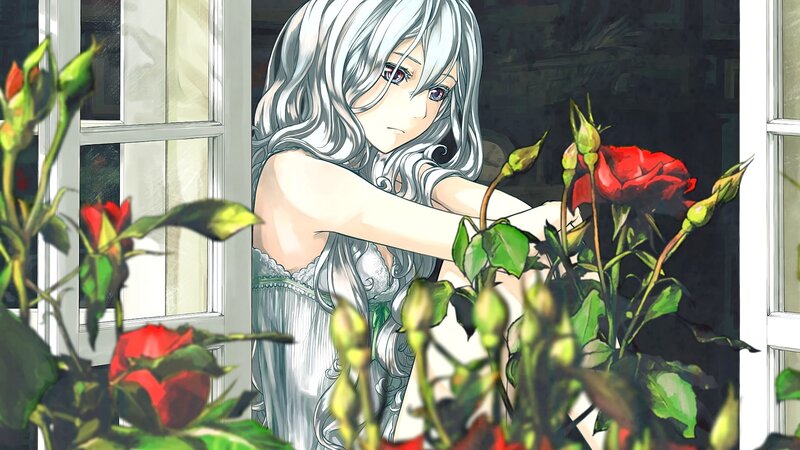 Silver-haired Girl with Roses — White, Calm