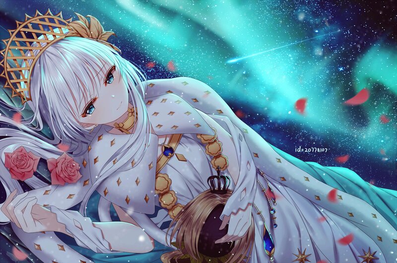 Silver-haired Girl with Roses — White, Serene