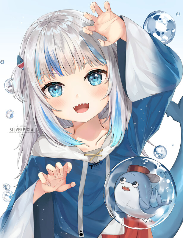 Silver-haired Girl with Shark — Blue