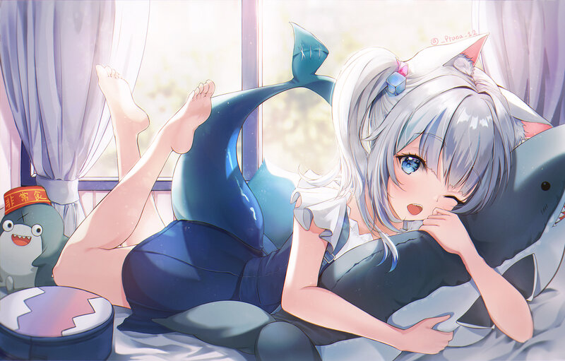 Silver-haired Girl with Shark Tail — Blue