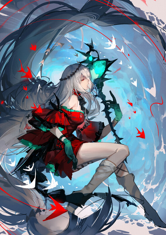Silver-haired Girl with Staff — Blue, Dramatic