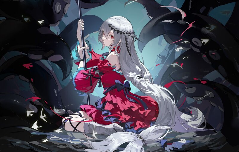 Silver-haired Girl with Staff — Red
